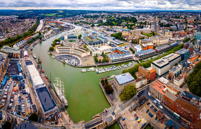 Aerial view of Bristol city centre and waterfront showing key buy-to-let investment areas in 2026.